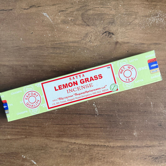 Saiya Lemon Grass incense packaging on a wooden surface
