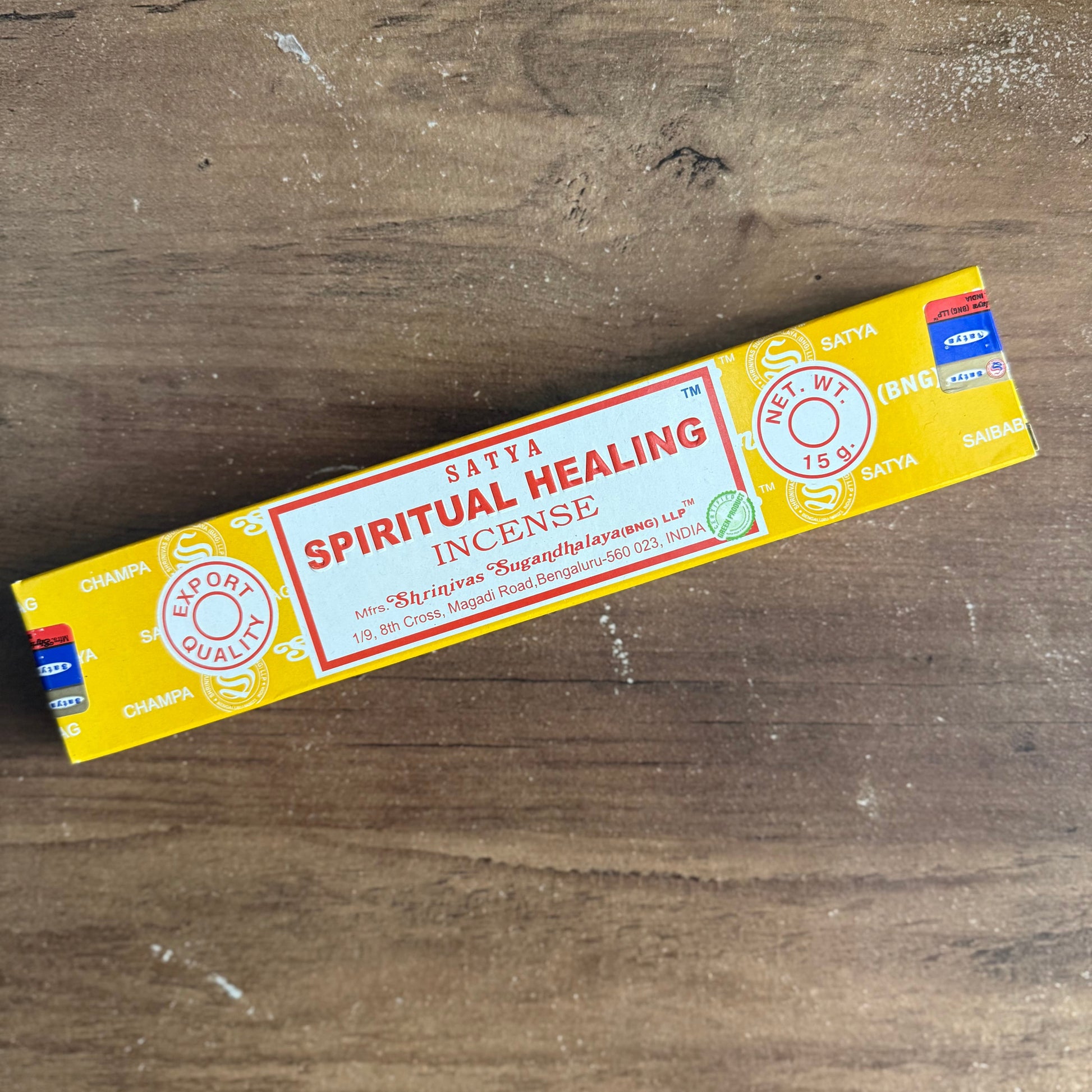 Box of Satya Spiritual Healing Incense on a wooden surface