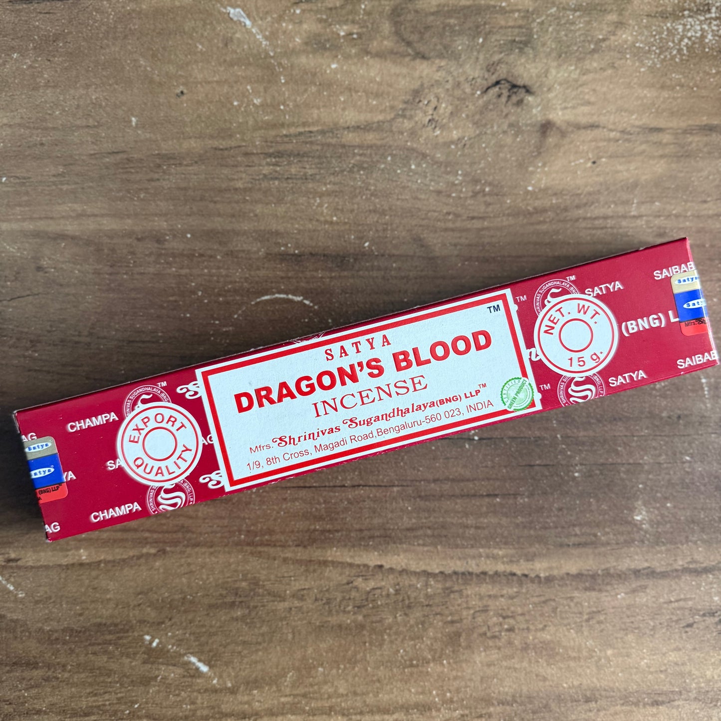 Box of Satya Dragon's Blood incense on a wooden surface