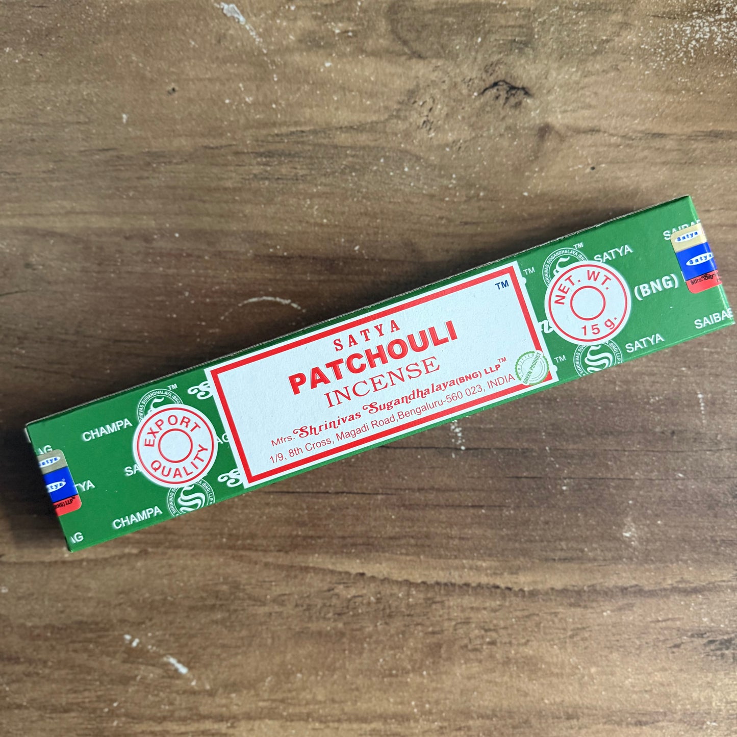 Box of Satya Patchouli Incense on a wooden surface