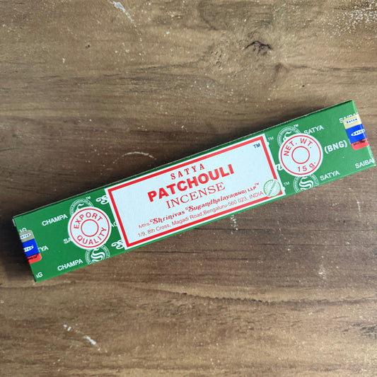 Box of Satya Patchouli Incense on a wooden surface