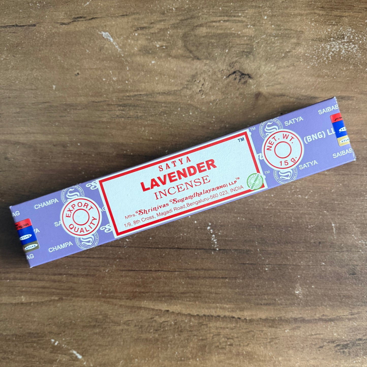 Box of Satya Lavender Incense on a wooden surface